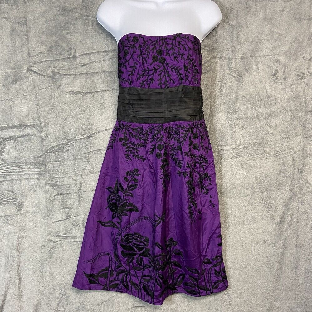 Tracy Reese S 6 Silk Black Floral Embroidered Purple Dress Whimsigoth Empire NYE
